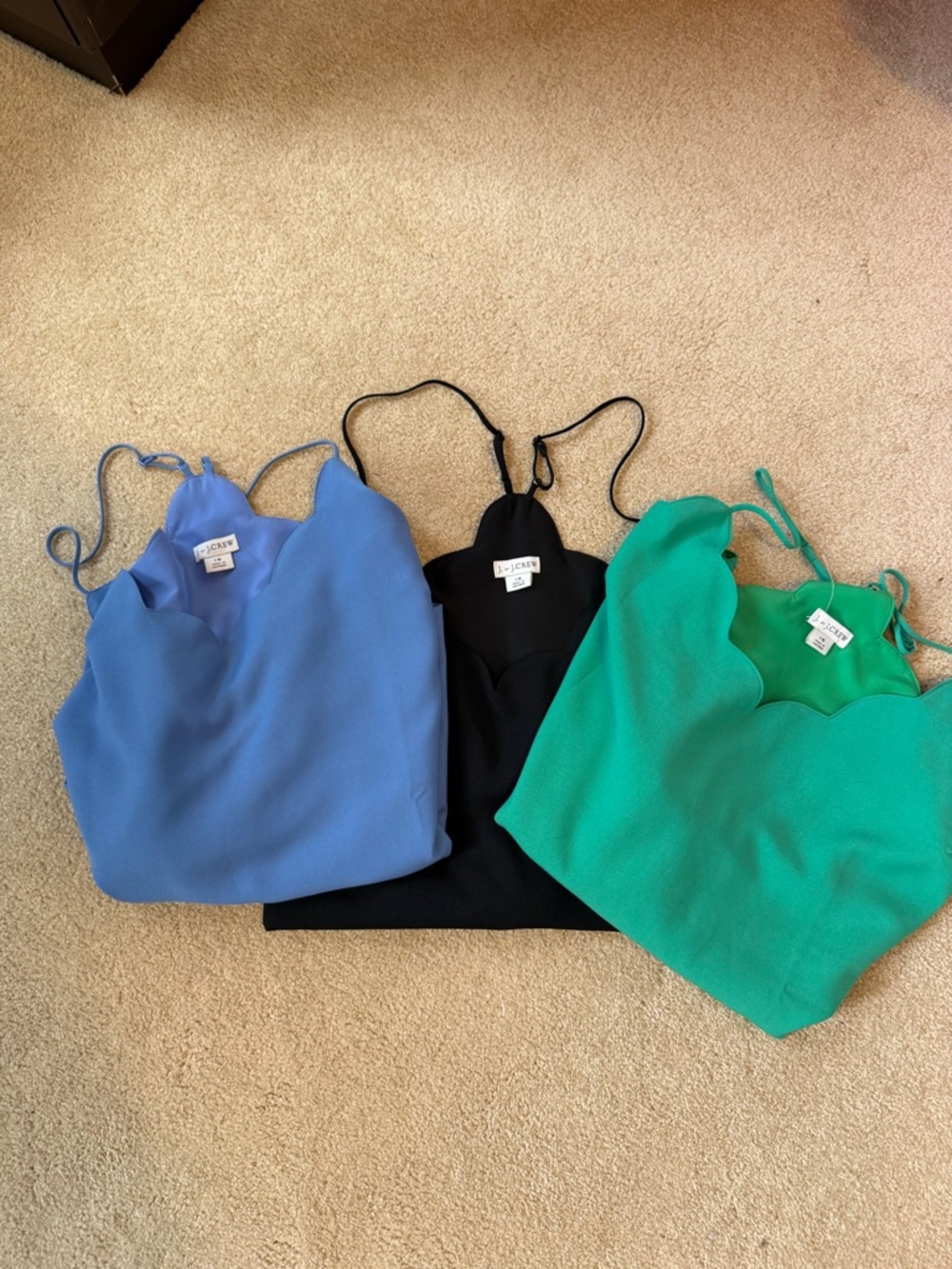 J. Crew Scallop-Edge Camisoles in Blue, Black & Green Trio
